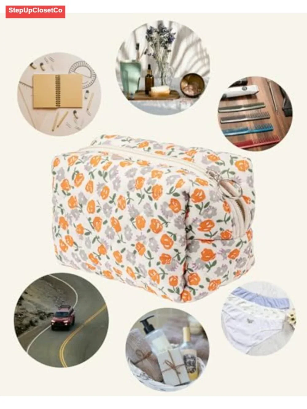 Floral Quilted Cotton Makeup Bag Travel Toiletry Organizer Pouch